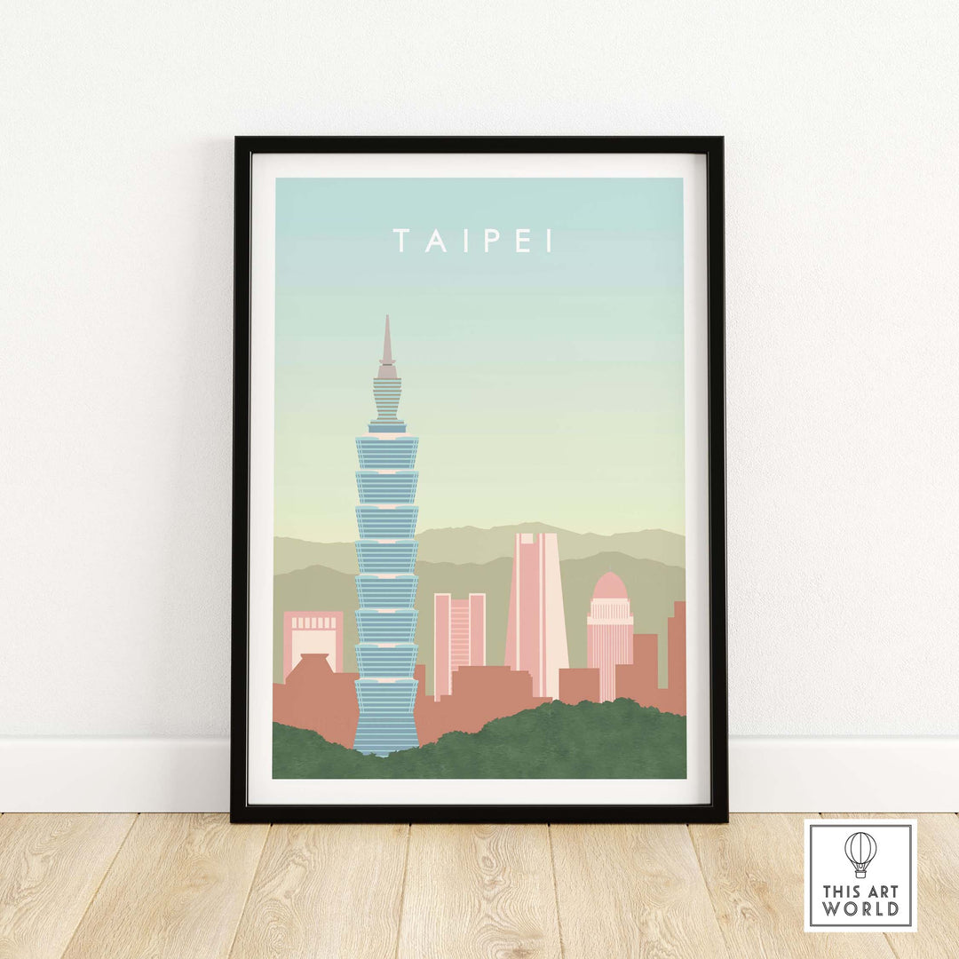 Taipei Poster Taiwan Print featuring Taipei 101 and city skyline, vintage travel art styled in soft pastel colors.