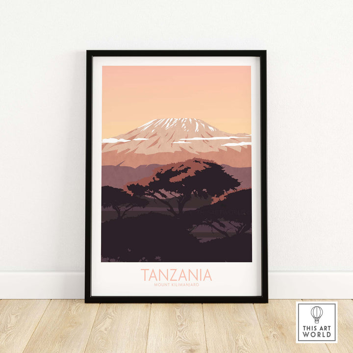 Kilimanjaro Print Tanzania Poster showcasing Mount Kilimanjaro at sunset, ideal for travel art enthusiasts.