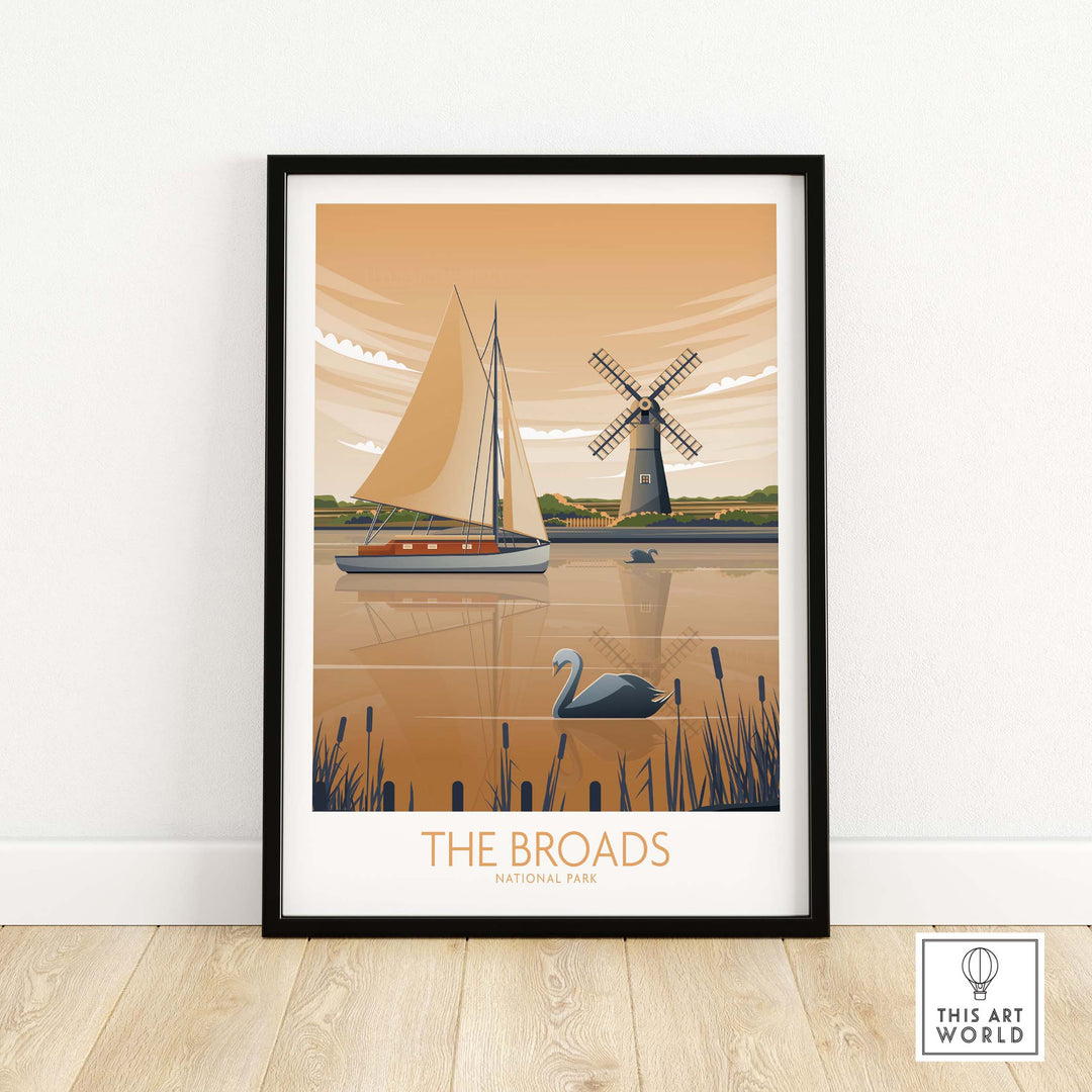 The Broads National Park poster featuring a sailboat and windmill in warm tones, perfect for home or office decor.