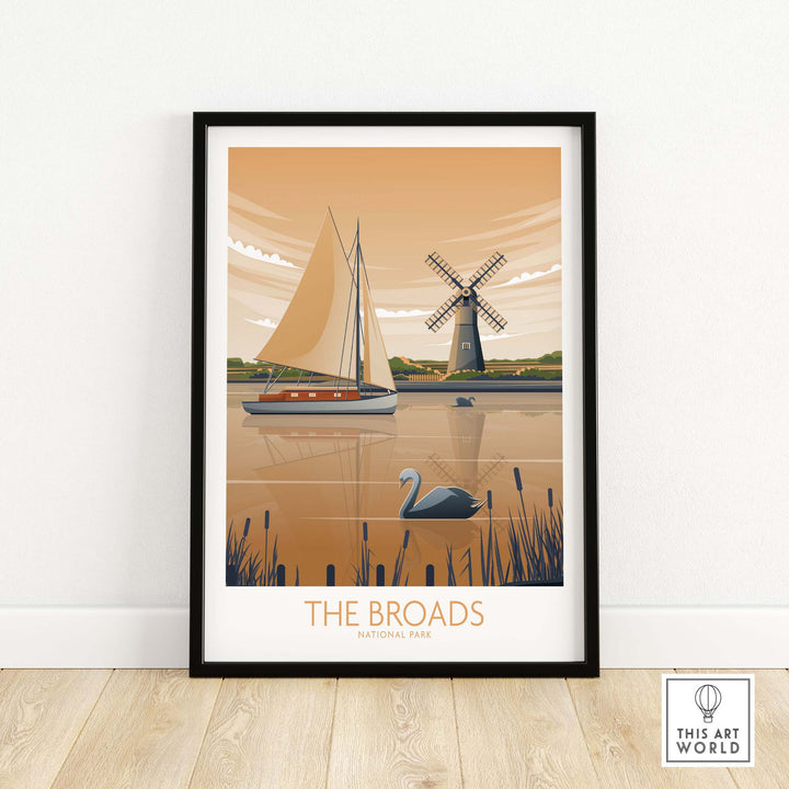The Broads National Park poster featuring a sailboat and windmill in warm tones, perfect for home or office decor.
