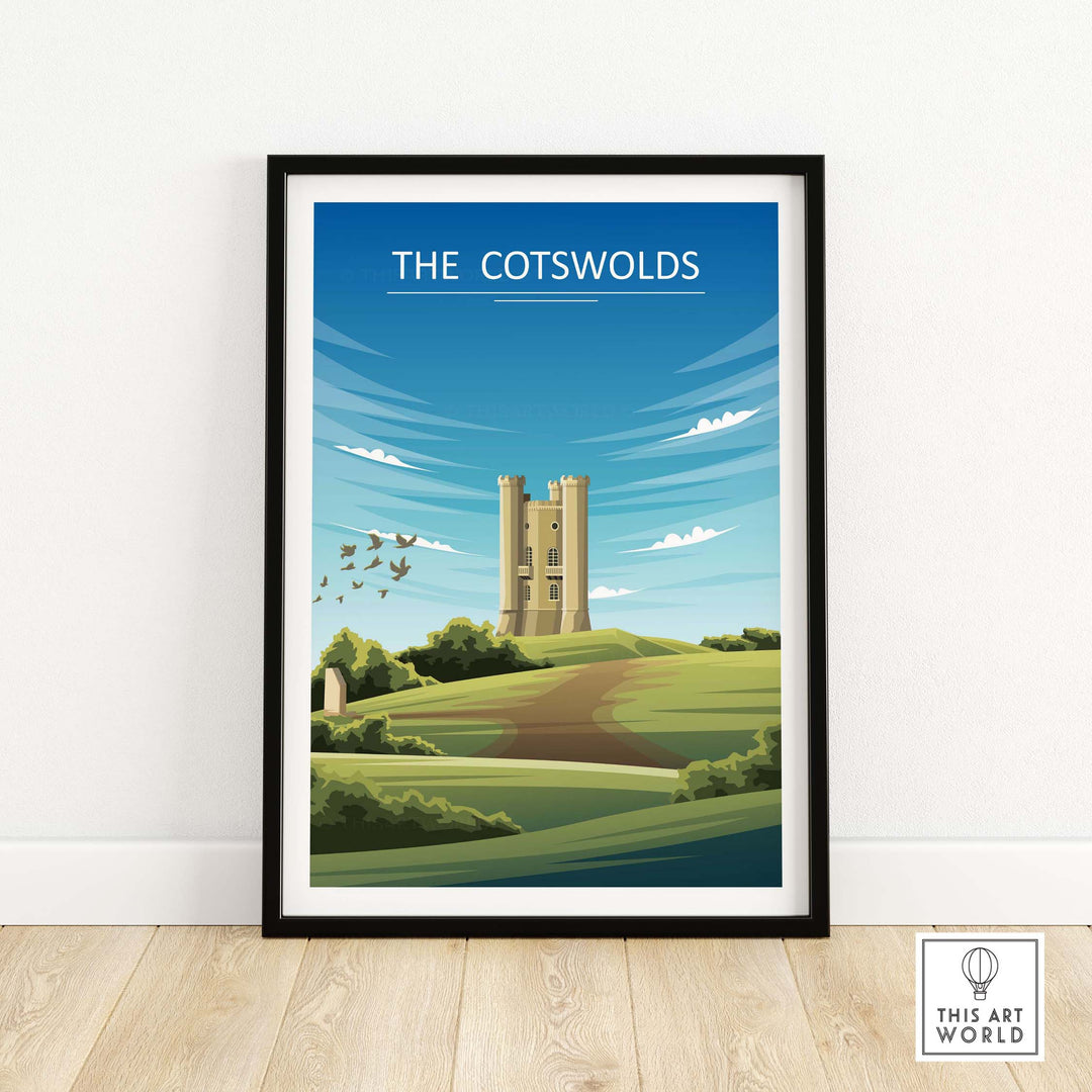 The Cotswolds poster featuring a minimalist landscape with a castle and blue skies, ideal for travel-inspired wall art.