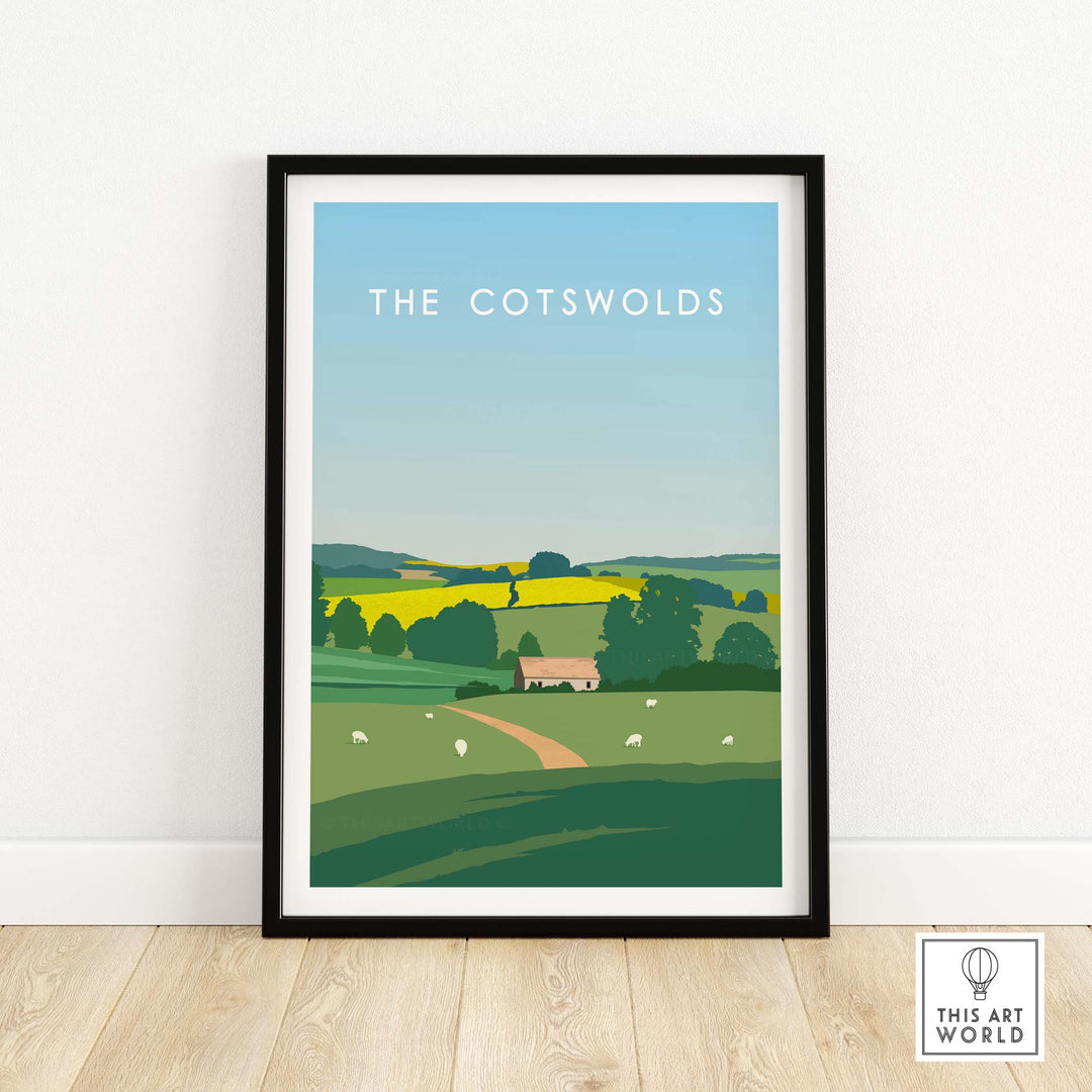 The Cotswolds Poster Print featuring scenic fields and a farmhouse, framed and ready to brighten any space.