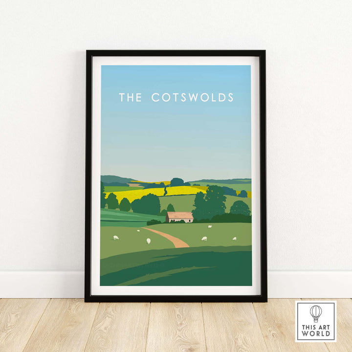 The Cotswolds Poster Print featuring scenic fields and a farmhouse, framed and ready to brighten any space.