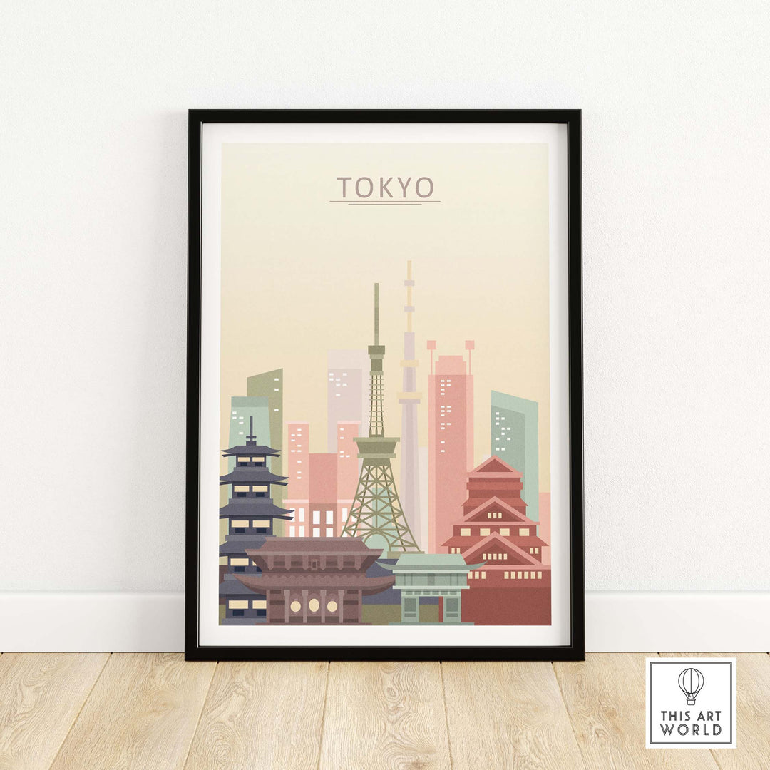 Tokyo skyline poster wall art print featuring iconic architecture in pastel tones.