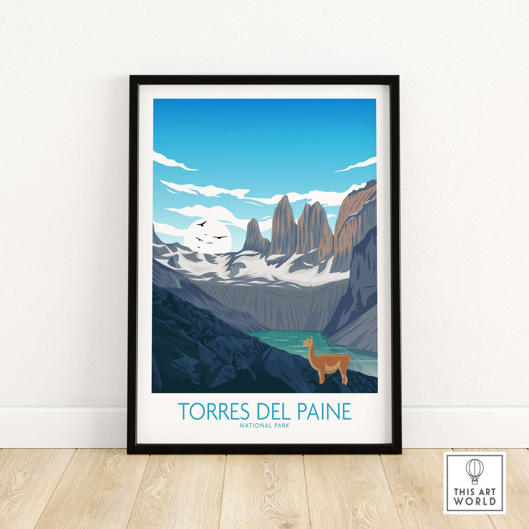Stylish Torres del Paine Chile poster featuring mountains, lake, and wildlife, perfect for home or office decor.