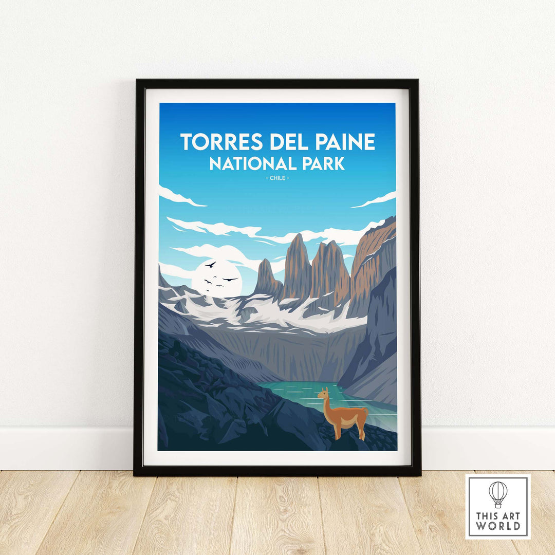 Stylish Torres del Paine National Park print showcasing a scenic landscape with mountains and wildlife.