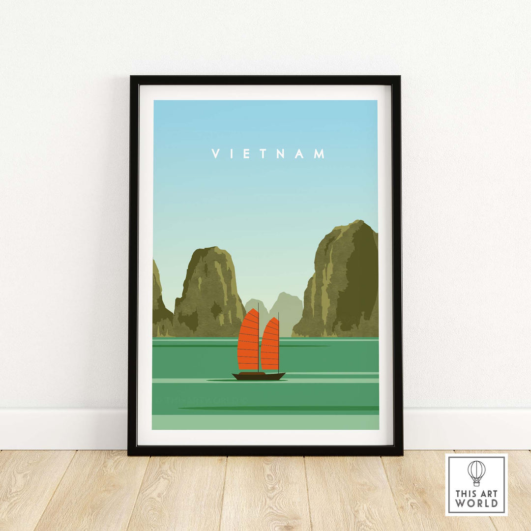 Vietnam Travel Poster Print featuring a sailboat and mountains in a minimalist style, perfect for home or office decor.
