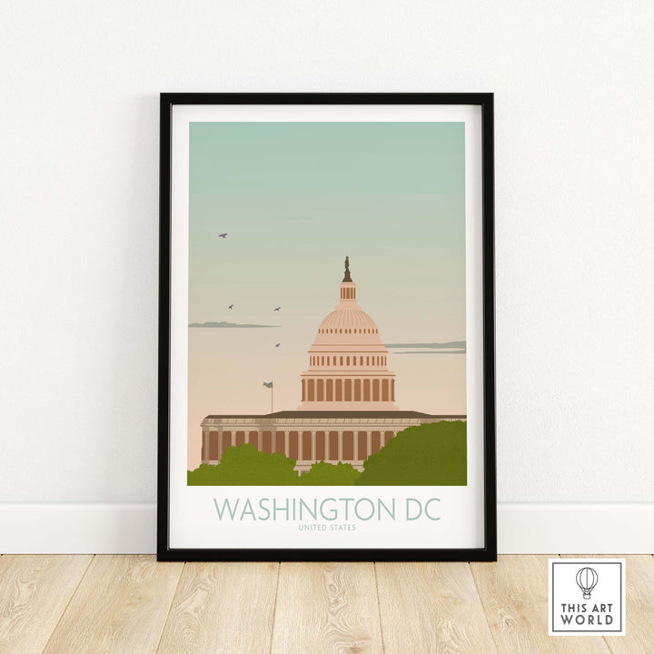 Washington DC wall art print featuring the Capitol building in a vintage style frame.