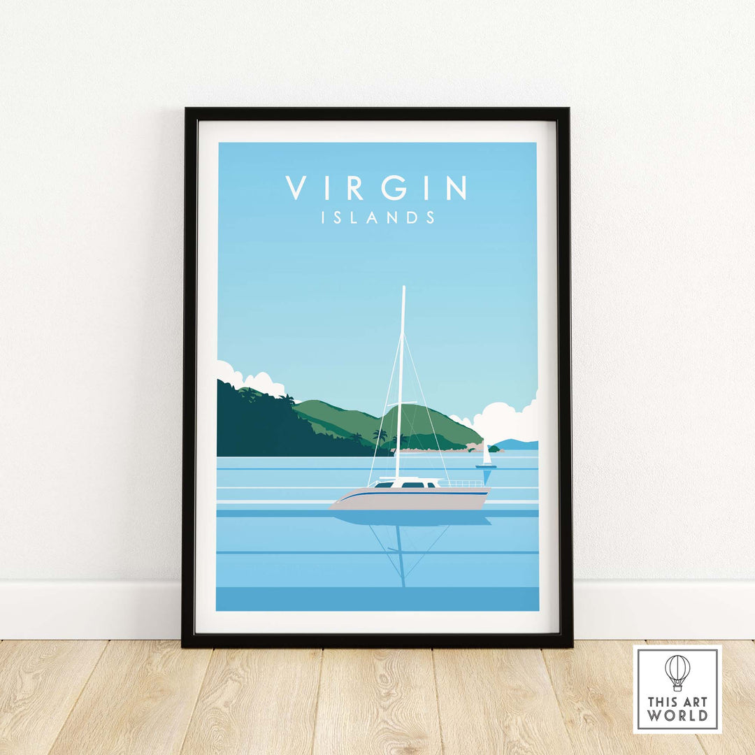Virgin Islands travel poster print featuring a minimalist design with a sailboat and serene blue waters.