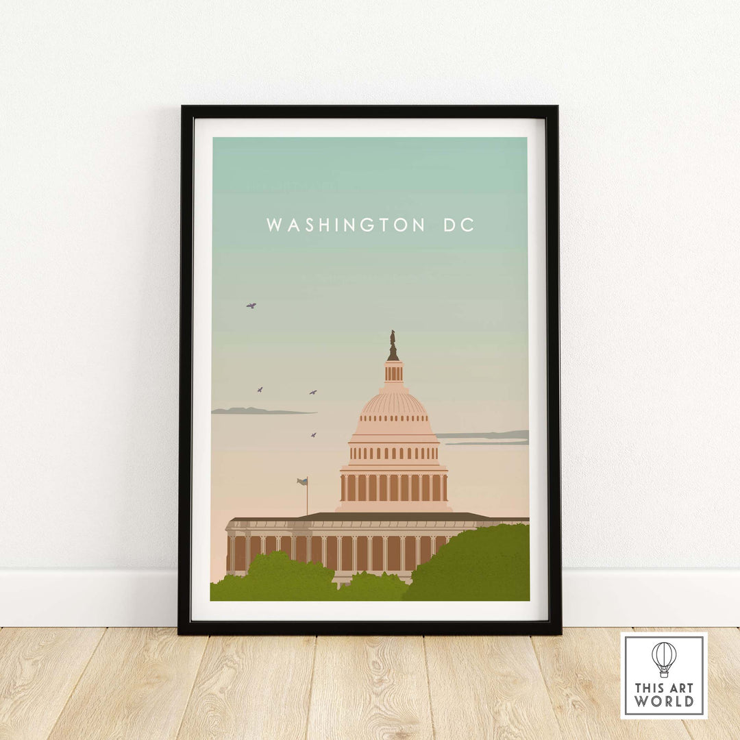 Washington DC vintage poster print featuring the Capitol building, stylish wall art for home or office decor.