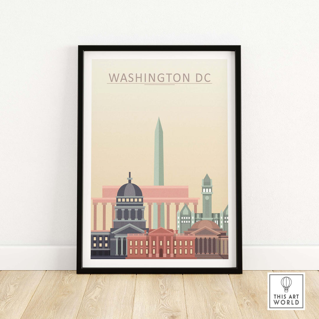 Framed Washington DC skyline poster in warm pastel tones showcasing iconic buildings and monuments.