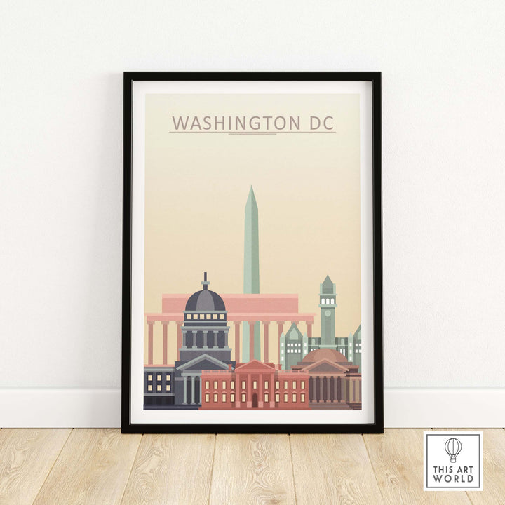 Framed Washington DC skyline poster in warm pastel tones showcasing iconic buildings and monuments.