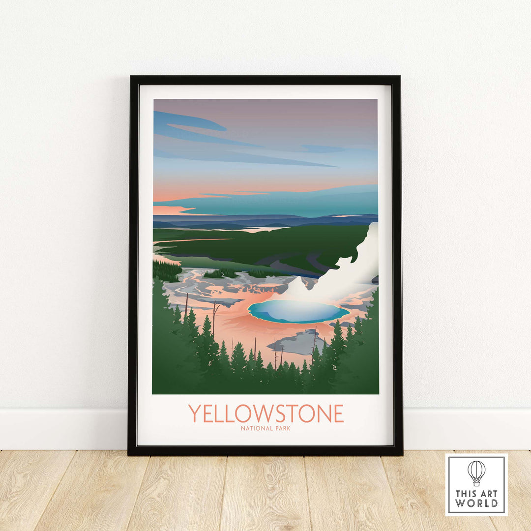 Yellowstone National Park art print showcasing minimalist landscape design with vibrant colors and framed in a stylish black frame.