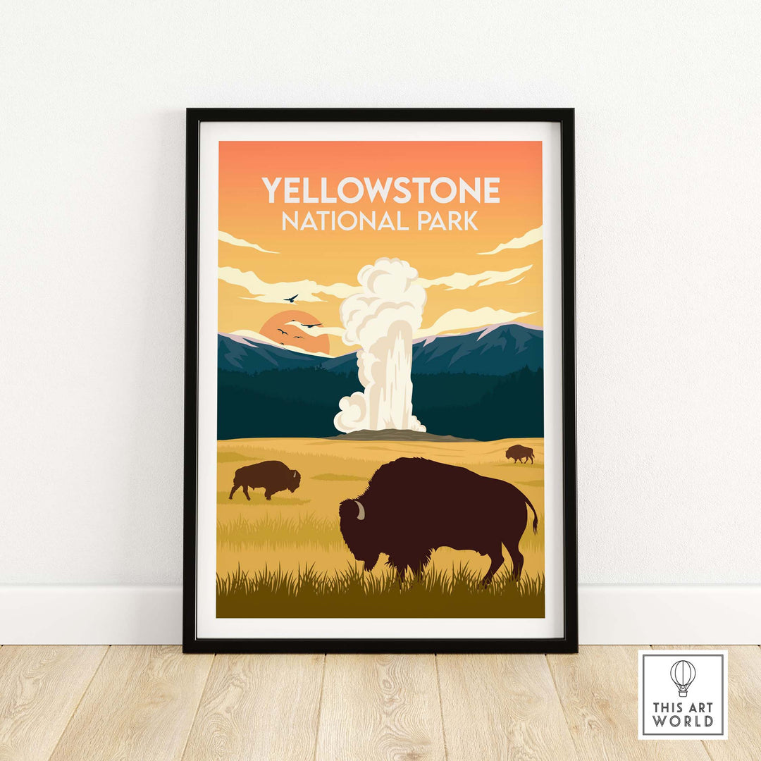 Vintage Yellowstone National Park poster with bison, mountains, and geyser illustration in warm colors.