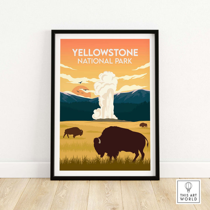 Vintage Yellowstone National Park poster with bison, mountains, and geyser illustration in warm colors.