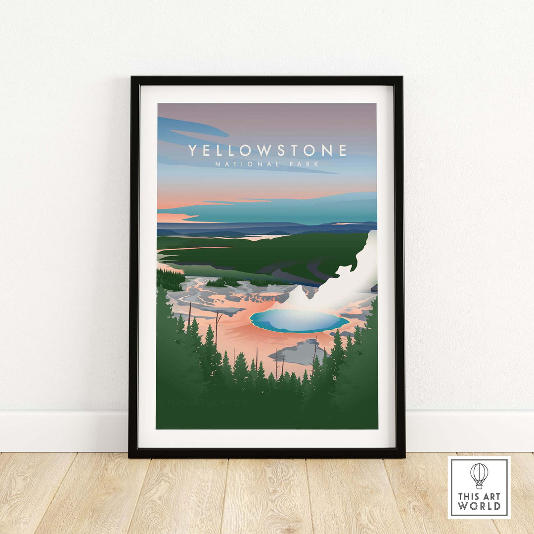 Framed vintage travel poster of Yellowstone National Park, featuring Old Faithful geyser and scenic landscape.