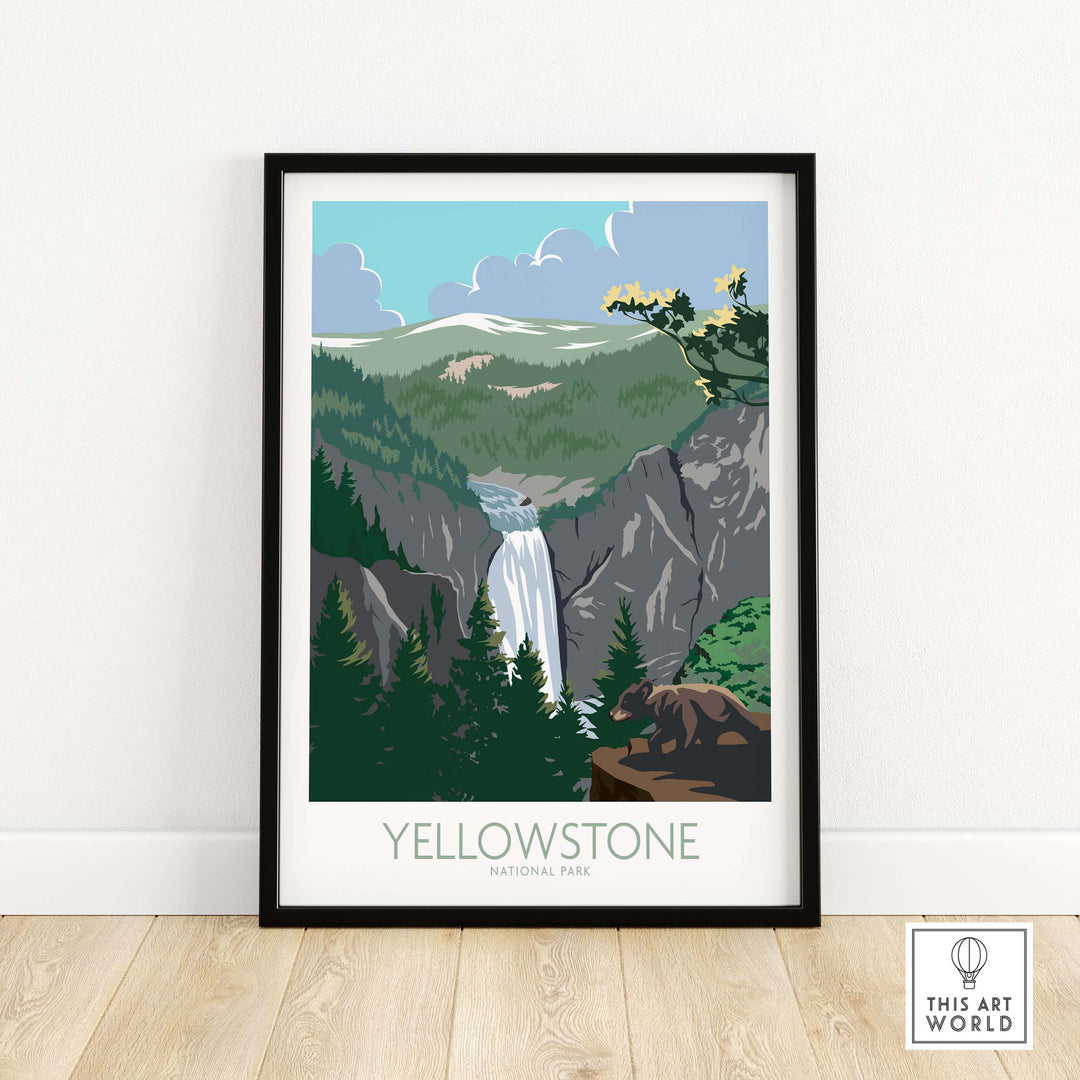 Yellowstone National Park poster print featuring a waterfall and lush greenery in a stylish black frame.