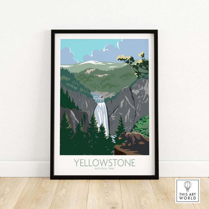 Yellowstone National Park poster print featuring a waterfall and lush greenery in a stylish black frame.