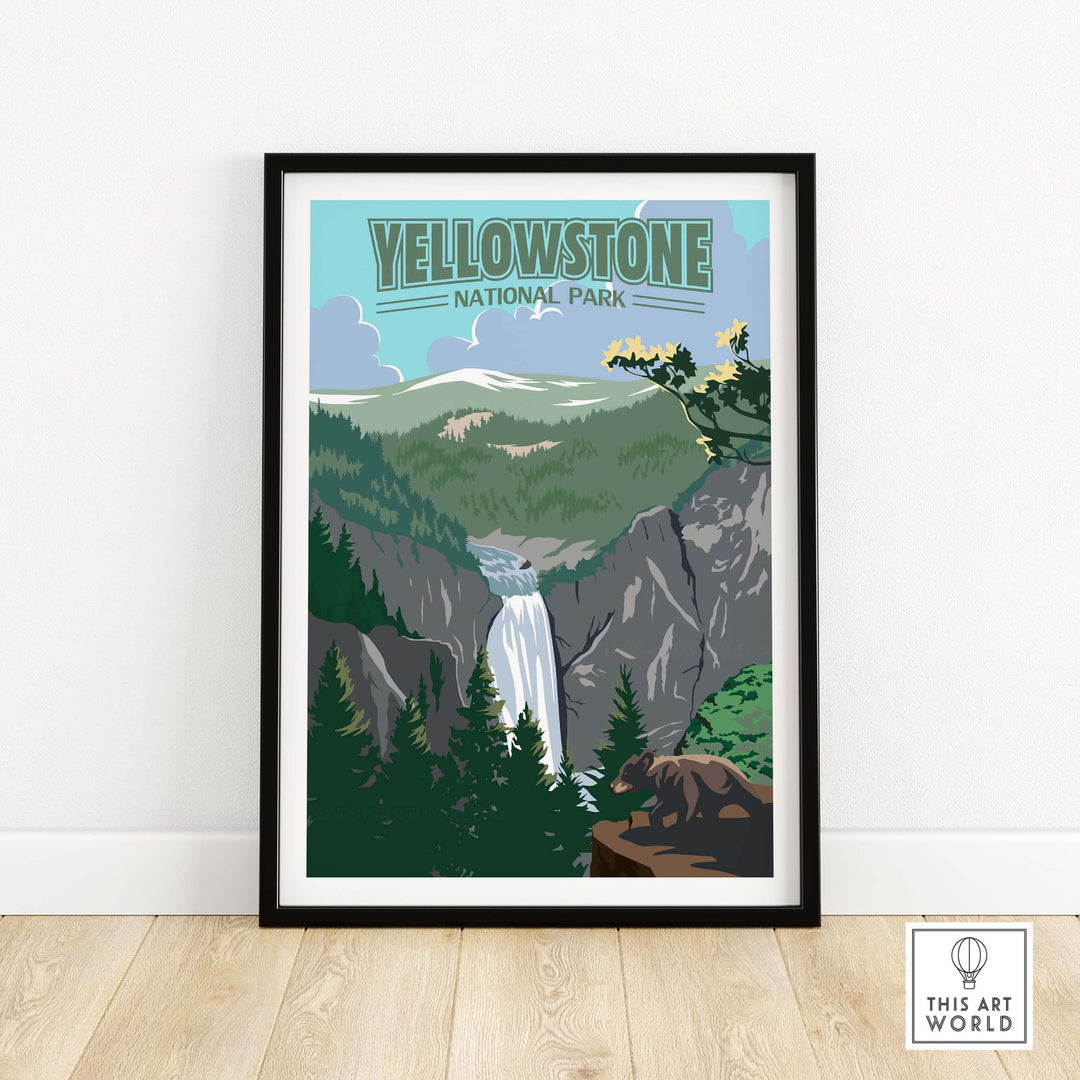 Yellowstone National Park vintage-inspired print featuring a waterfall and lush landscape, perfect for home decor.
