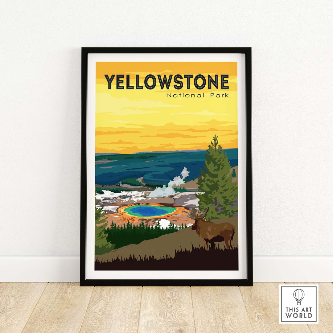 Vintage Yellowstone National Park poster featuring colorful scenery and wildlife, perfect for home decor or office art.