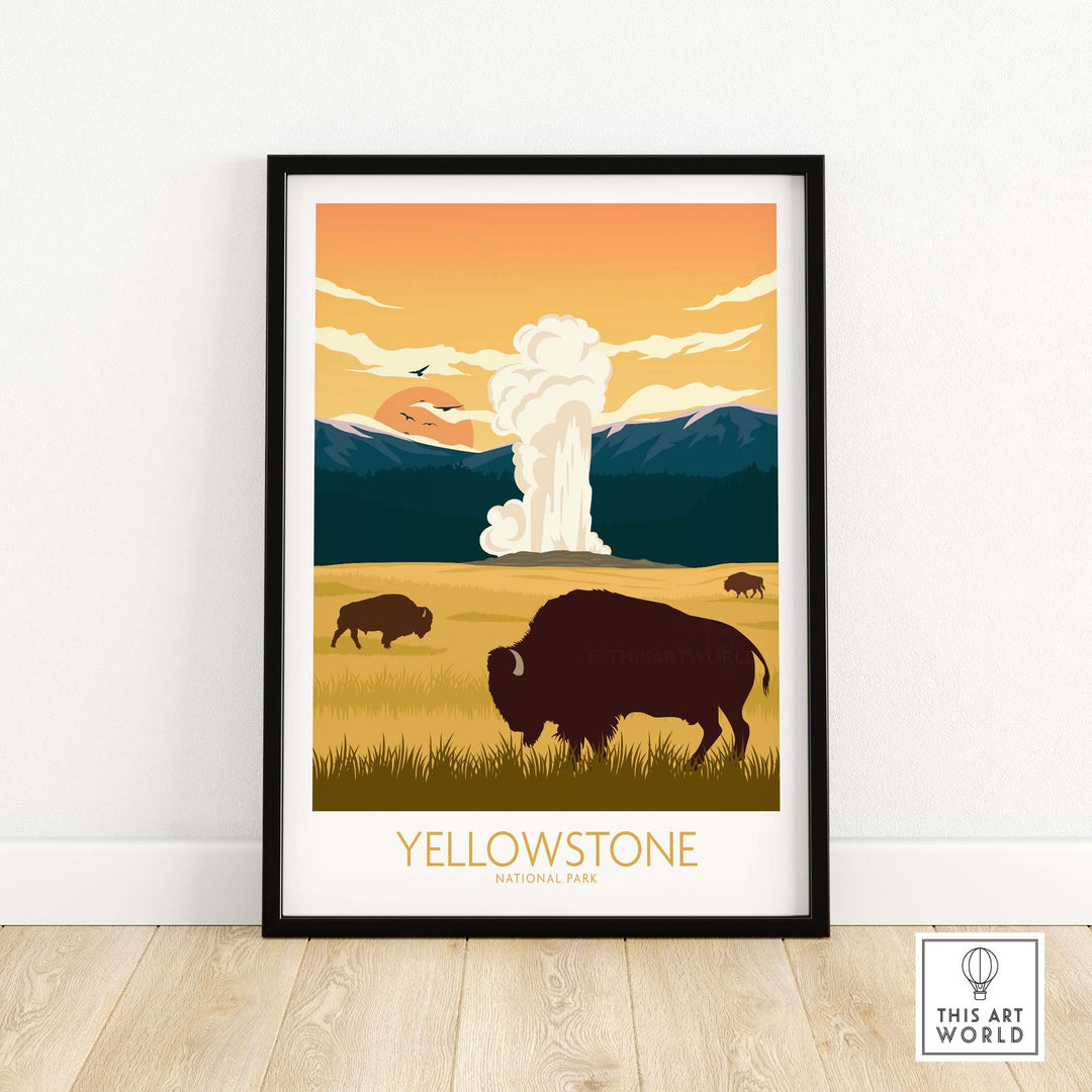 Framed Yellowstone National Park poster featuring bison, geysers, and a sunset in a minimalist design.