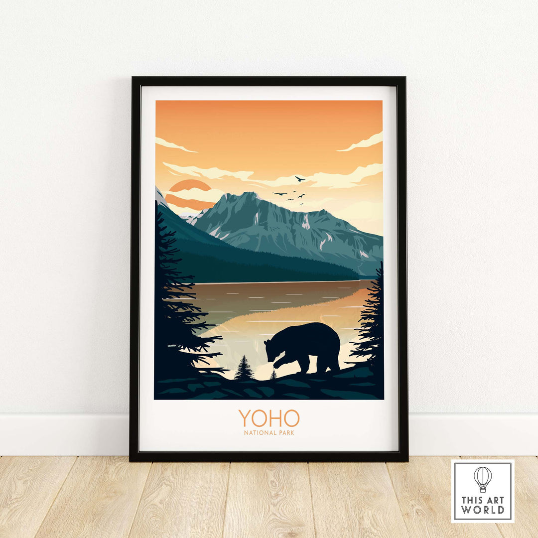 Yoho National Park art print featuring a bear, mountains, and sunset colors in a minimalist style.