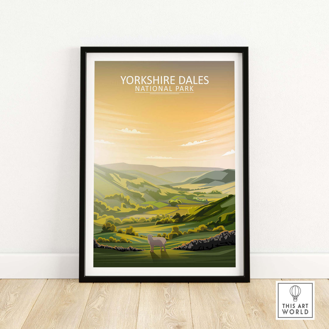Yorkshire Dales poster framed, showcasing minimalist art of the National Park with scenic landscape.