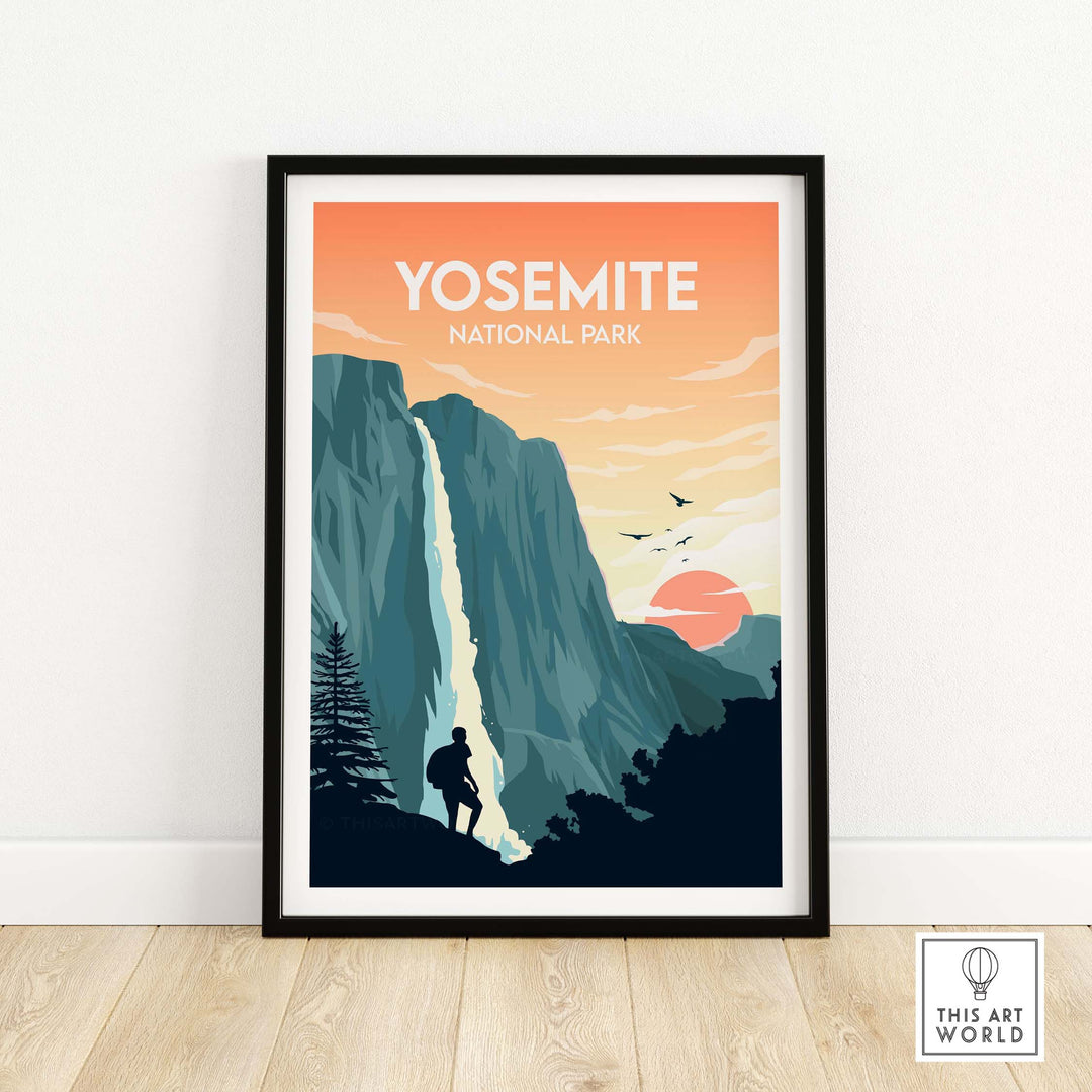Yosemite National Park Print featuring a scenic waterfall and hiker in a minimalist design, ideal for stylish wall art.