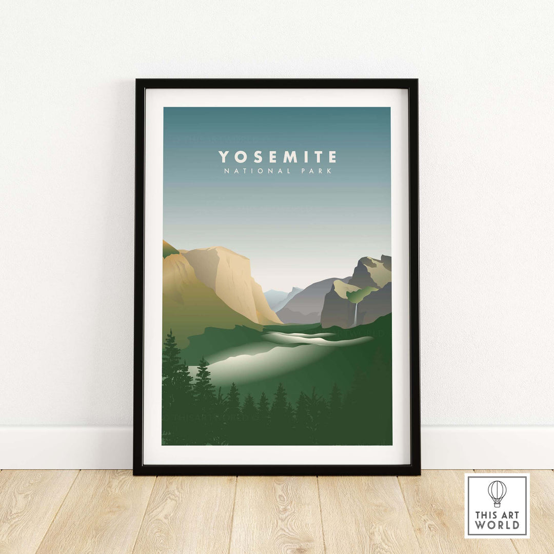 Framed Yosemite National Park art print featuring El Capitan and serene landscape for stylish home decor.