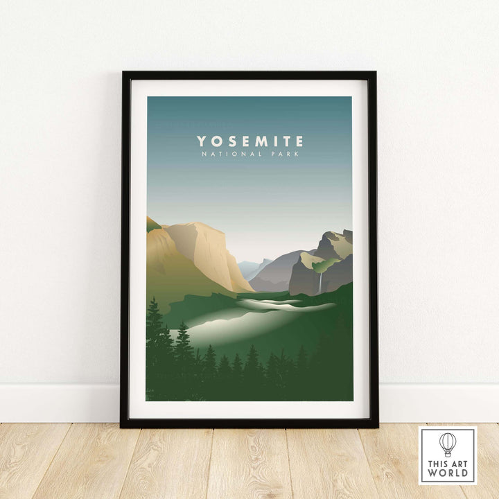 Framed Yosemite National Park art print featuring El Capitan and serene landscape for stylish home decor.