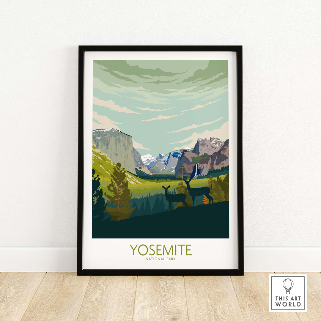 Yosemite National Park vintage print poster artwork showcasing the stunning landscape and wildlife, framed for stylish decor.