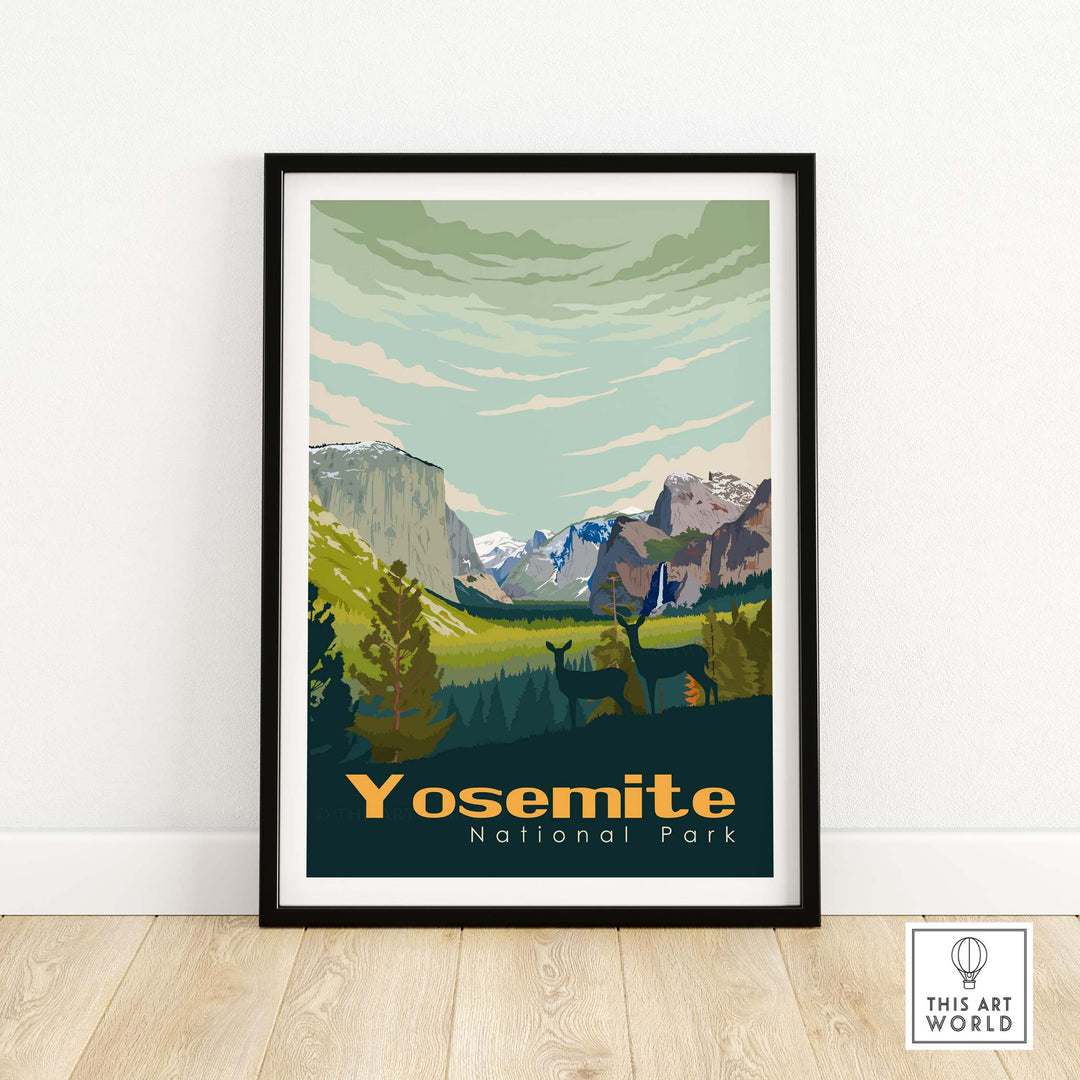 Yosemite National Park vintage poster print featuring scenic mountains and wildlife in a stylish frame. Perfect wall art for travel lovers.
