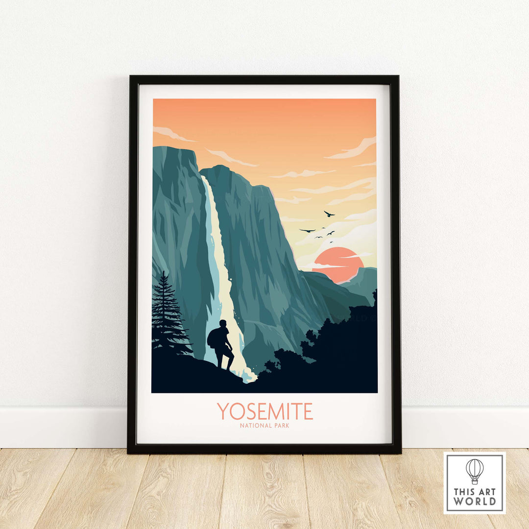 Yosemite National Park poster art print featuring a waterfall, sunset, and silhouette of a hiker in a minimalist design.