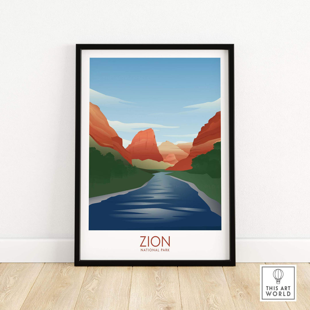 Zion National Park art print featuring minimalist landscape in a black frame, showcasing nature and colorful rock formations.