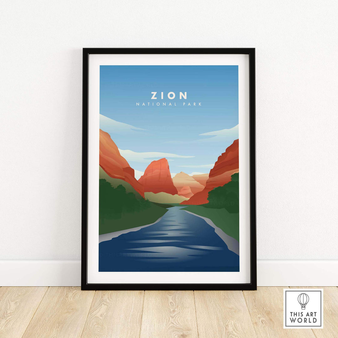 Framed Zion National Park art print featuring Virgin River and colorful rock formations, perfect for travel-inspired home decor.