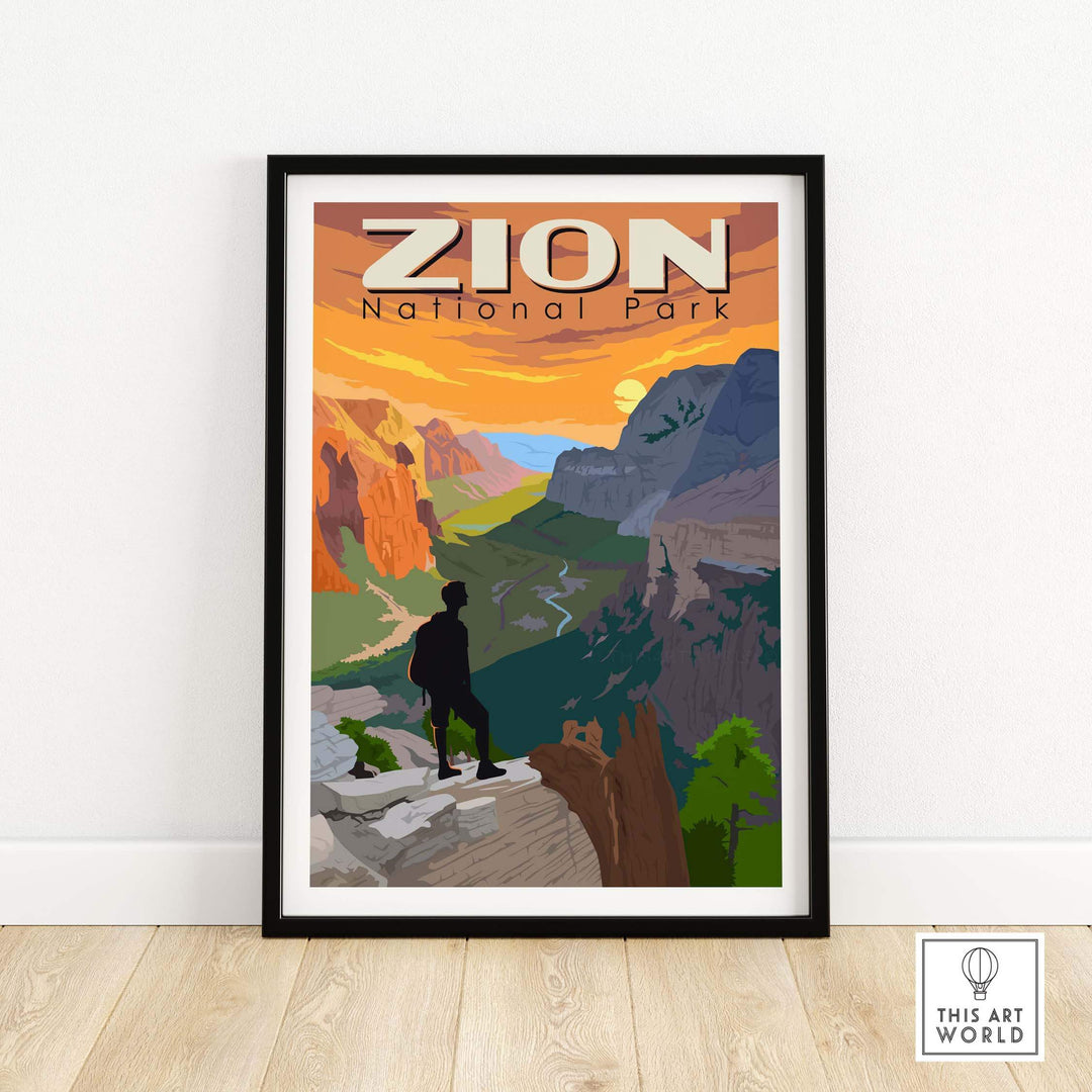 Zion National Park poster featuring scenic mountains and sunset sky, perfect for home or office wall art.