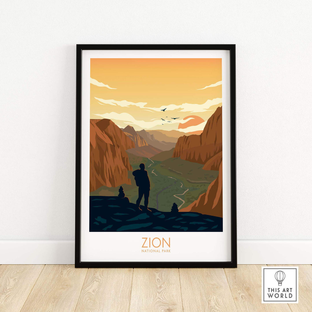 Framed Zion National Park poster featuring a hiker against a sunset landscape, showcasing minimalist art style.