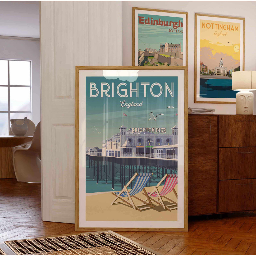 Brighton wall art print featuring Brighton Pier and deck chairs, capturing the charm of England's seaside resort.