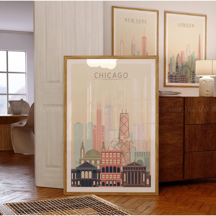 Chicago Skyline Wall Art Poster in warm pastel tones, showcasing the city's iconic architecture in a stylish living room setting.