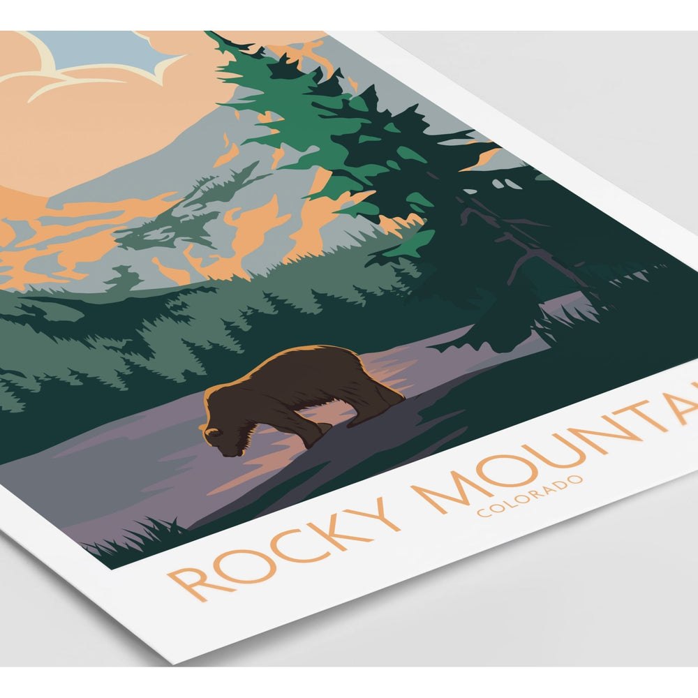 Rocky Mountains Colorado poster featuring a bear and mountain scenery, inspired by vintage National Park art.
