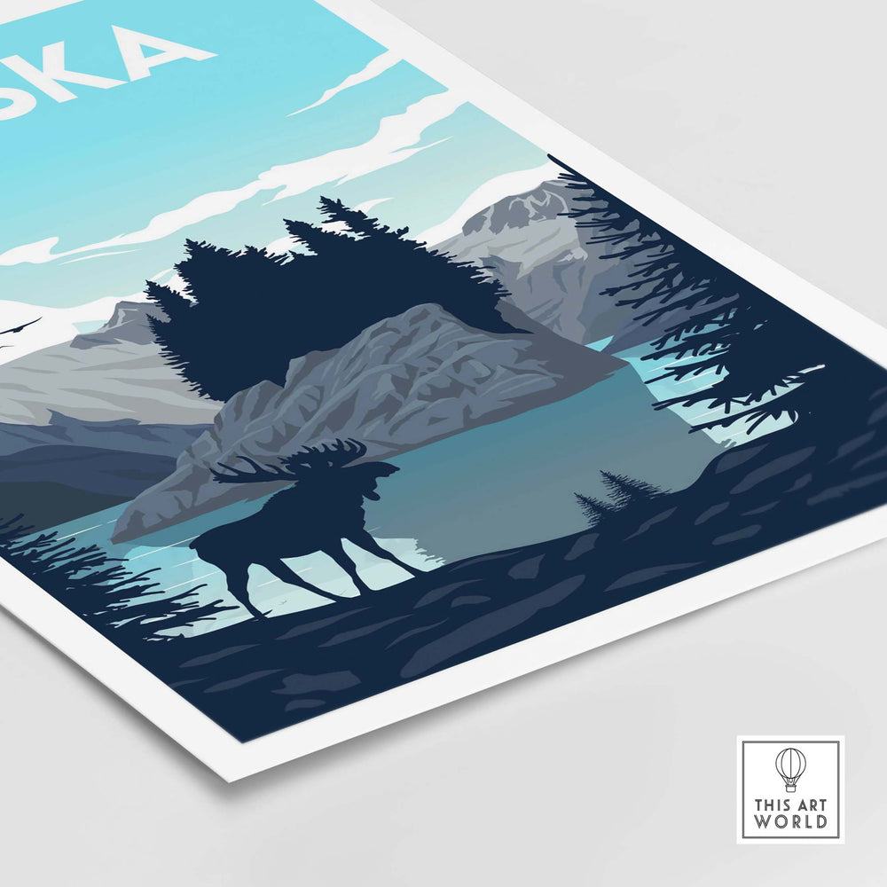 Alaska poster wall art print featuring a moose silhouette by a lake surrounded by mountains.