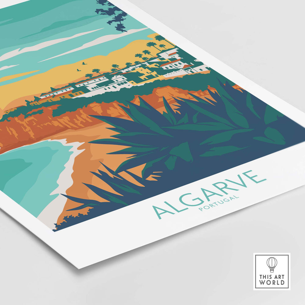 Algarve Print Portugal featuring a colorful coastal landscape and vintage-inspired design for stylish wall art.
