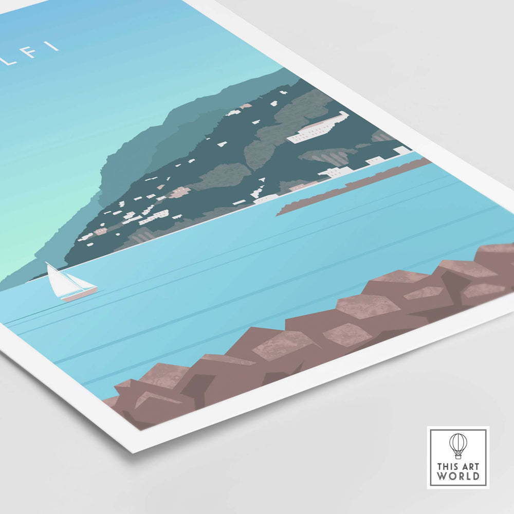Amalfi Coast Italy print featuring serene seascape and coastal landscapes, inspired by vintage travel posters.