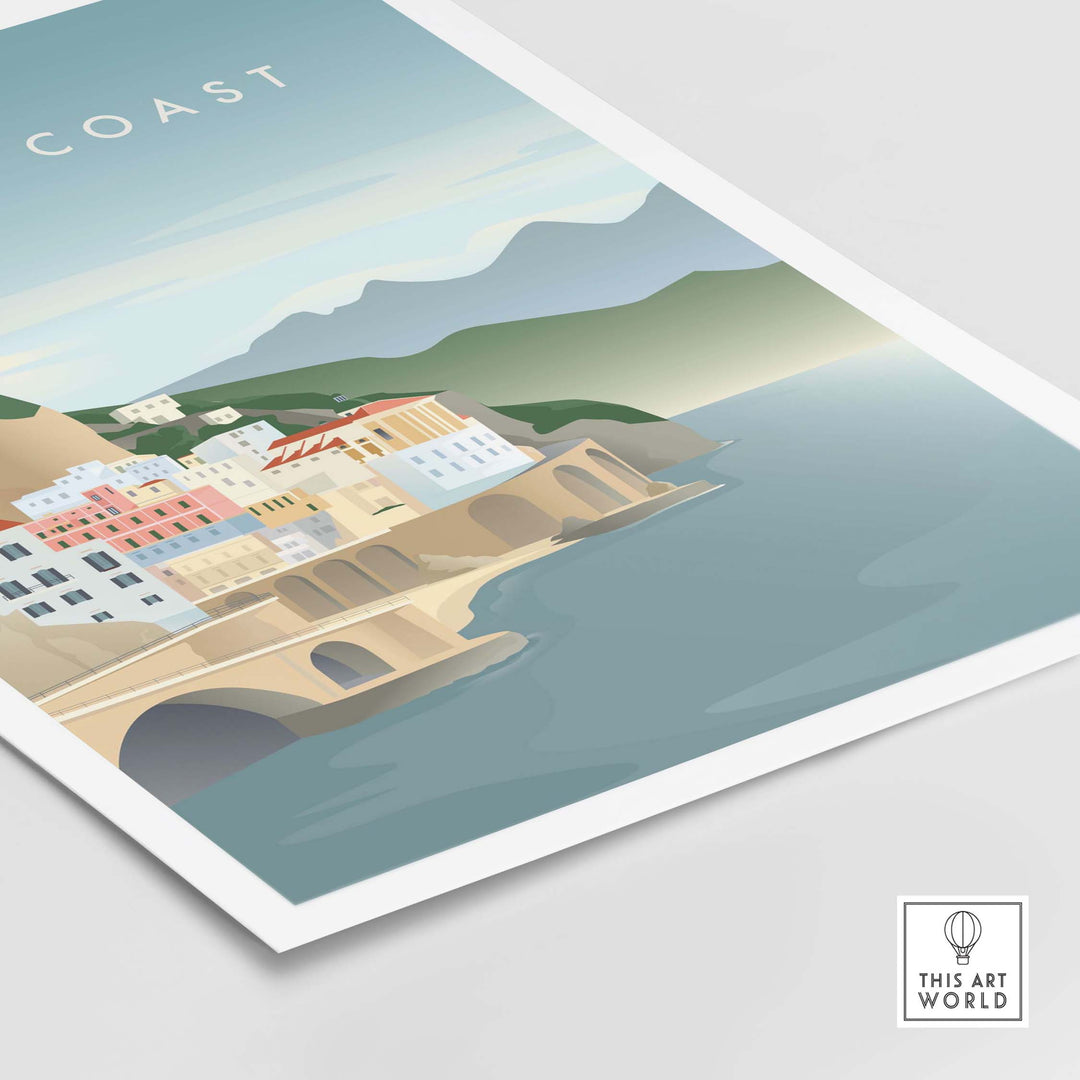 Minimalist Amalfi Coast print showcasing vibrant buildings and serene waters, perfect for stylish wall art.