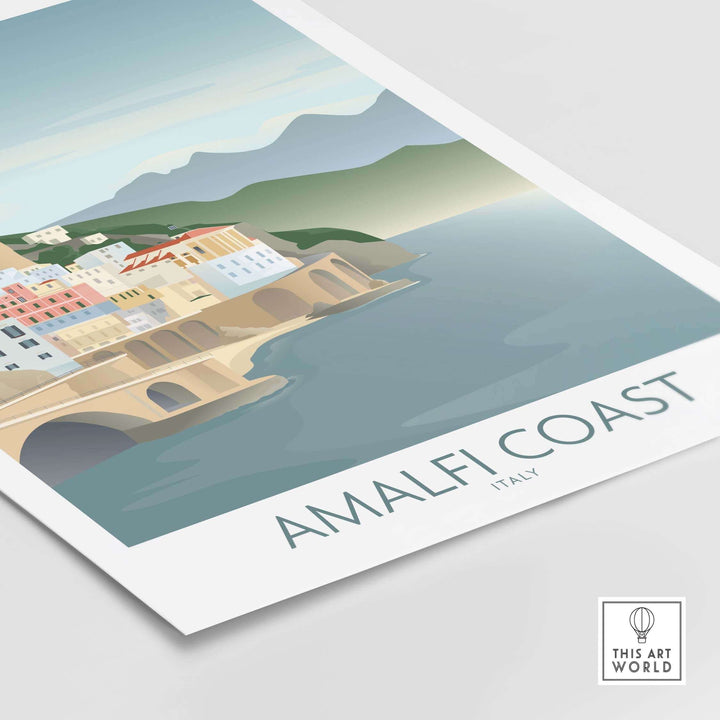 Minimalist Amalfi Coast wall art print showcasing colorful buildings and serene waters in Italy.