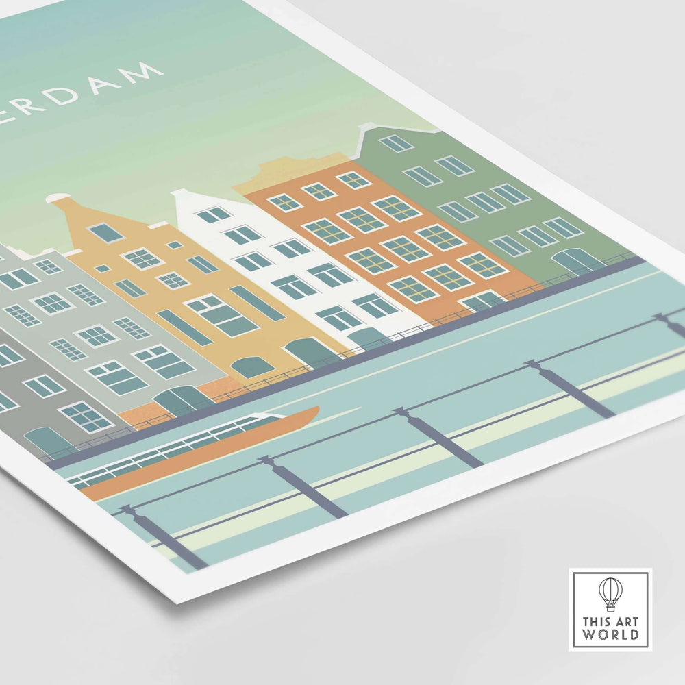 Amsterdam Print Wall Art Poster featuring colorful canal houses and a boat along the water, perfect for home decor.