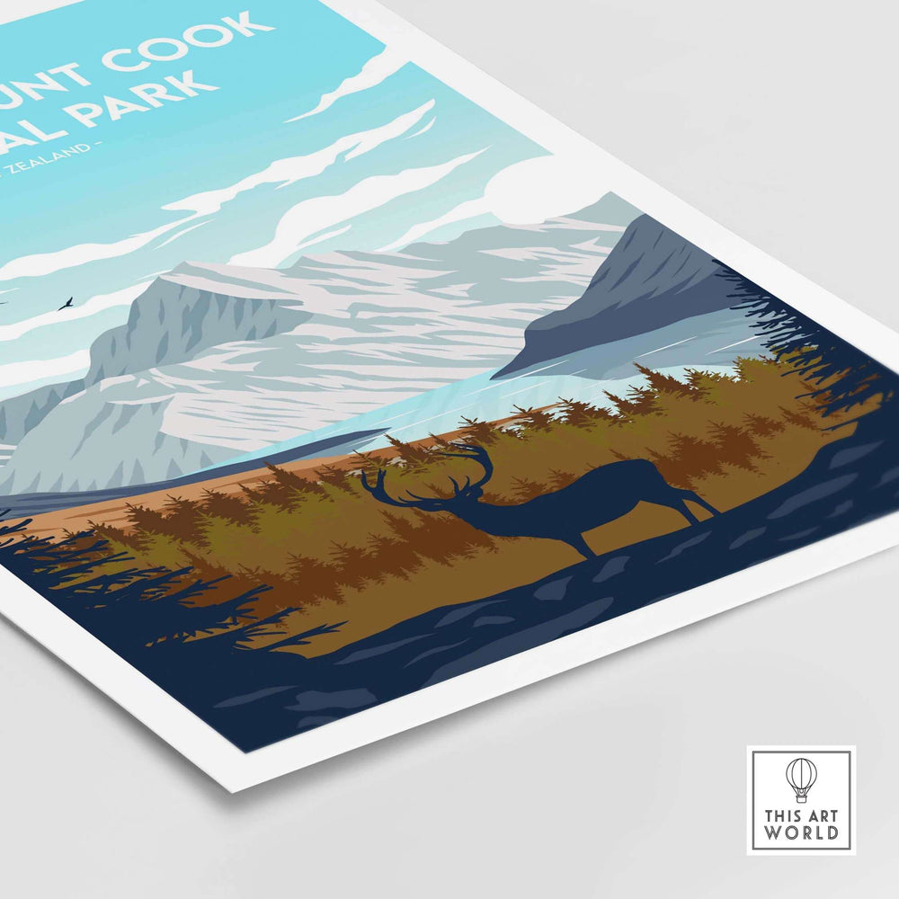 Aoraki Mount Cook National Park print featuring mountains and wildlife, inspired by vintage travel posters.