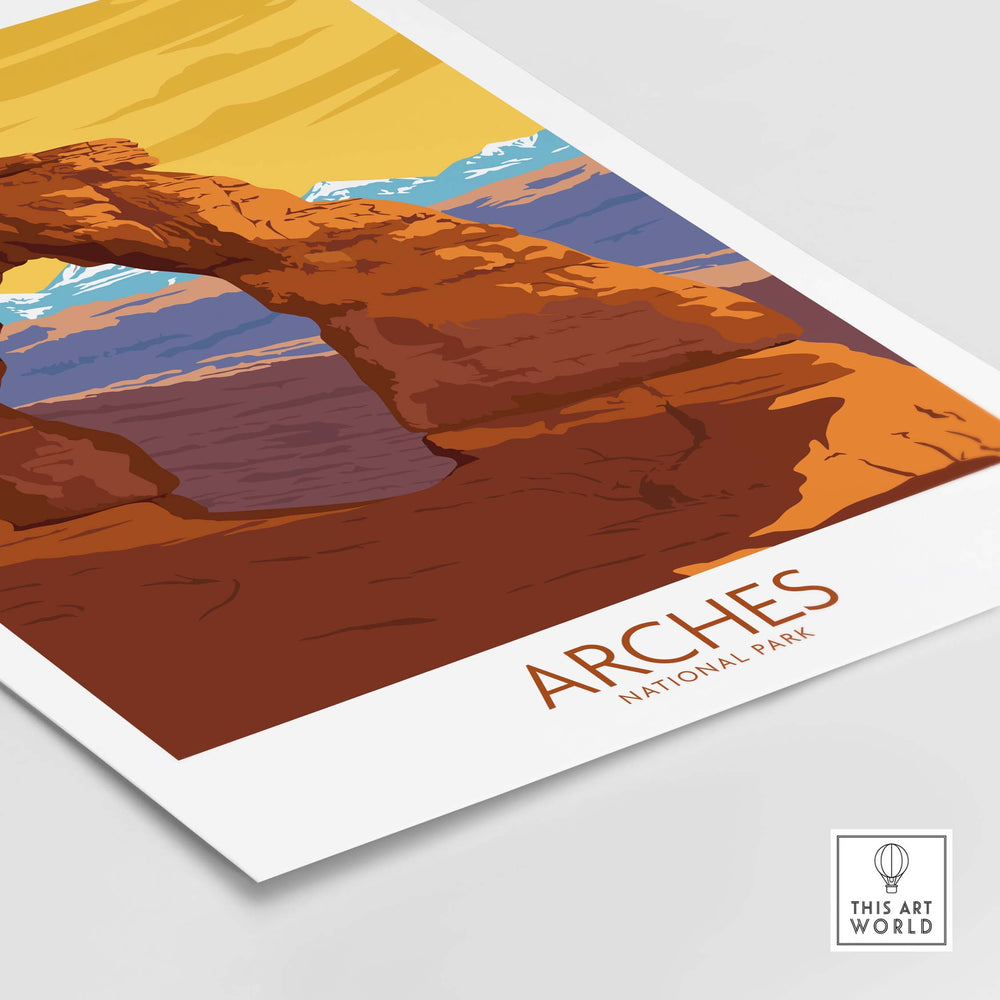 Arches National Park vintage poster print showcasing the iconic rock formations and sunset colors.