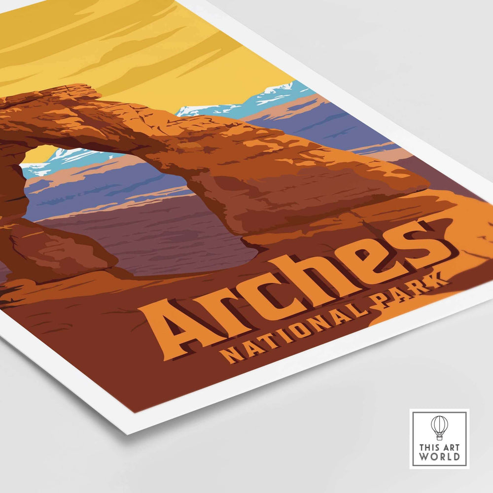 Vintage-inspired Arches National Park print showcasing iconic landscape and bold typography.