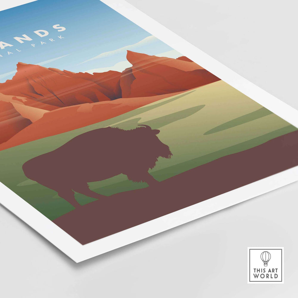 Badlands National Park minimalist art print featuring a silhouette of a buffalo and vibrant landscape.